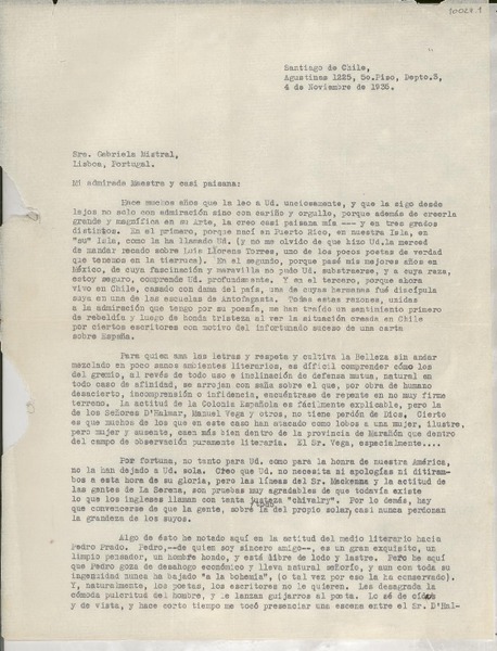 [Carta] 1935 nov. 4, Santiago, Chile [a] Gabriela Mistral, Lisboa, Portugal
