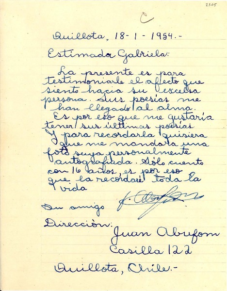 [Carta] 1954 ene. 18, Quillota, [Chile] [a] Gabriela Mistral