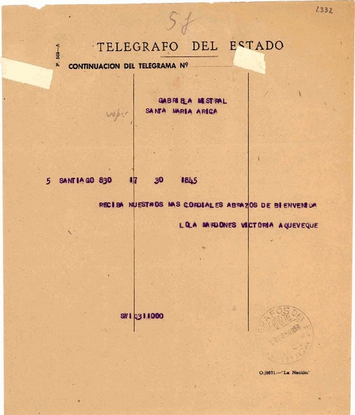 [Telegrama] 1954 ago. 3, Santiago, [Chile] [a] Gabriela Mistral, Santa María, Arica, [Chile]