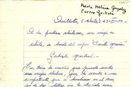 [Carta] 1954 ago. 23, Quillota, Chile [a] Gabriela Mistra, a bordo del vapor "Santa María"
