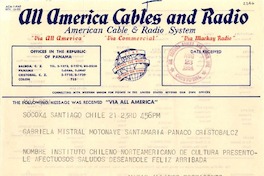 [Telegrama] 1954 ago. 23, Santiago, Chile [a] Gabriela Mistral, en motonave "Santa María"