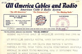 [Telegrama] 1954 ago. 23, Valparaíso, [Chile] [a] Gabriela Mistral