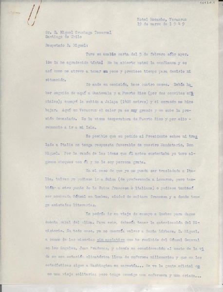 [Carta] 1949 mar. 19, Veracruz, [México] [a] Miguel Cruchaga Tocornal, Santiago de Chile