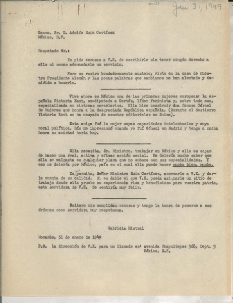 [Carta] 1949 ene. 31, Veracruz, [México] [a] Adolfo Ruíz Cortínez, México D. F.