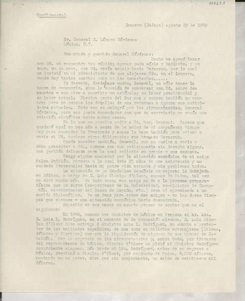 [Carta] 1949 ago. 29, Lencero, Jalapa, [México] [a] Lázaro Cárdenas, México D. F.