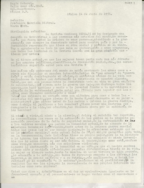 [Carta] 1956 jun. 14, México D. F. [a] Gabriela Mistral, Nueva York