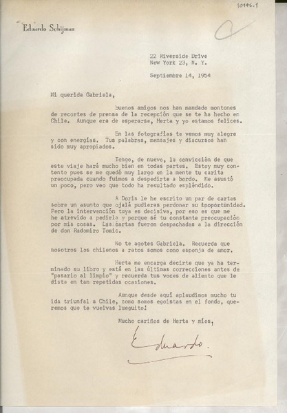 [Carta] 1954 sept. 14, New York, [Estados Unidos] [a] Gabriela Mistral