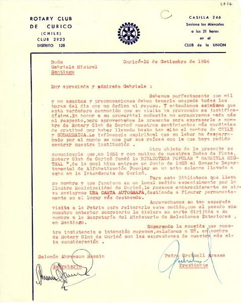 [Carta] 1952 mar. 9, Curicó, [Chile] [a] Gabriela Mistral, Santiago