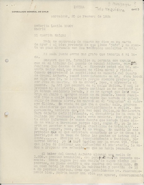 [Carta] 1934 feb. 20, Barcelona, [España] [a] Lucila Godoy, Madrid