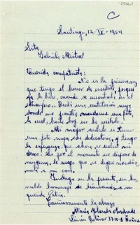 [Carta] 1954 sept. 12, Santiago, [Chile] [a] Gabriela Mistral