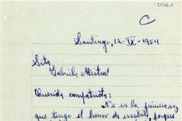 [Carta] 1954 sept. 12, Santiago, [Chile] [a] Gabriela Mistral