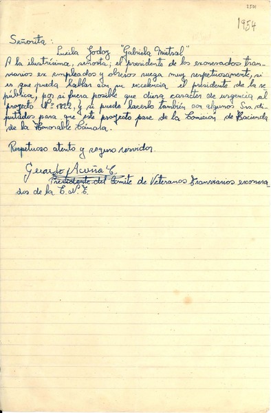 [Carta] 1954 sept, Santiago [a] Gabriela Mistral