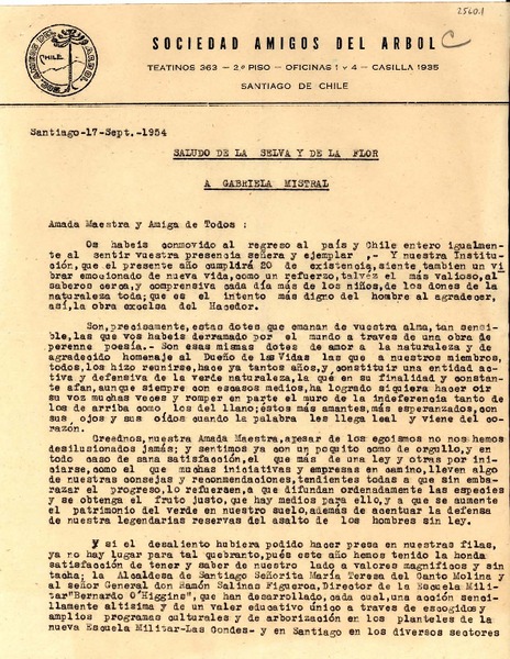 [Carta] 1954 sept. 17, Santiago, Chile [a] Gabriela Mistral