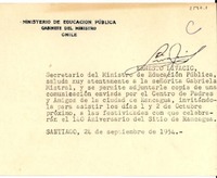 [Tarjeta] 1954 sept. 24, Santiago, Chile [a] Gabriela Mistral