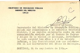 [Tarjeta] 1954 sept. 24, Santiago, Chile [a] Gabriela Mistral