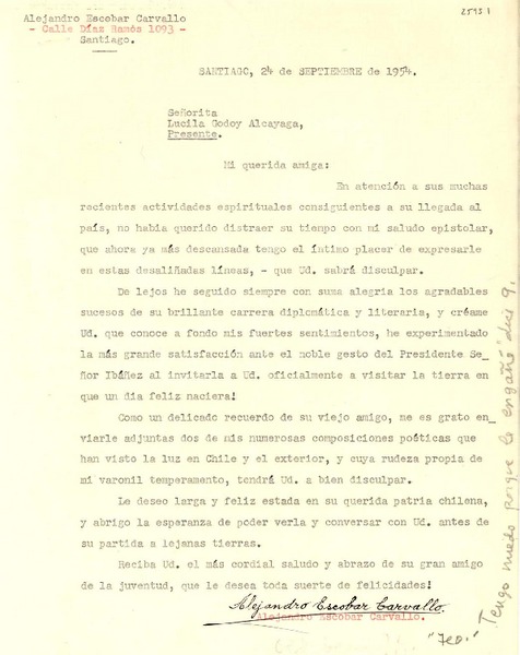 [Carta] 1954 sept. 24, Santiago [a] Lucila Godoy