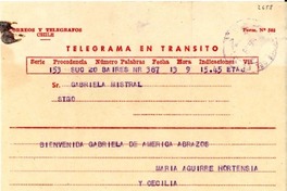 [Telegrama] 1954 sept., Buenos Aires, [Argentina] [a] Gabriela Mistral, Santiago, [Chile]