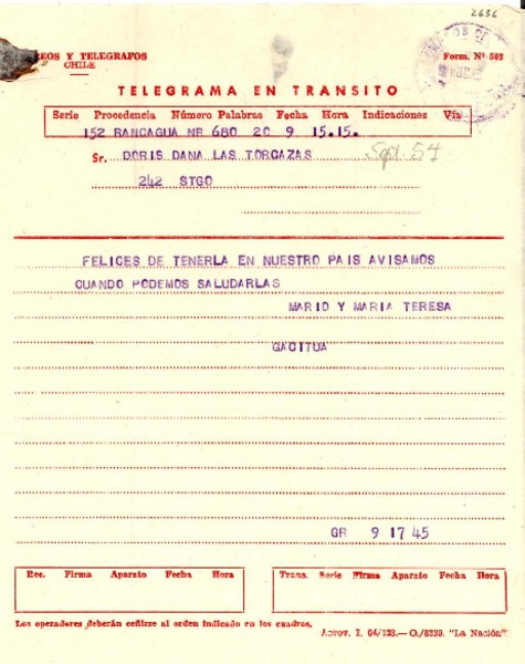 [Telegrama] 1954 sept. 17, Rancagua [a] Doris Dana, Santiago