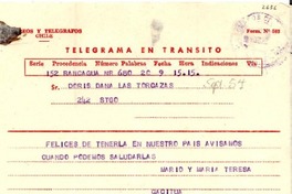 [Telegrama] 1954 sept. 17, Rancagua [a] Doris Dana, Santiago