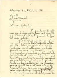 [Carta] 1954 oct. 4, Valparaíso, [Chile] [a] Gabriela Mistral, Valparaíso, [Chile]
