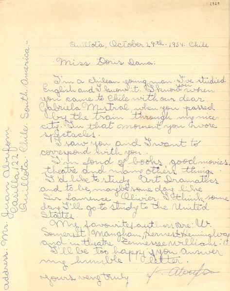 [Carta] 1954 Oct. 29, Quillota, Chile [a] Doris Dana