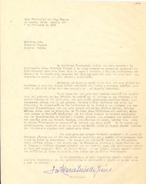 [Carta] 1954 nov. 5, Casa Provincial del Buen Pastor, La Serena, Chile [a] Gabriela Mistral, Estados Unidos