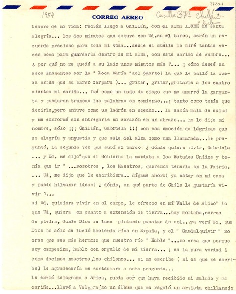 [Carta] 1954, Chillán [a] Gabriela Mistral