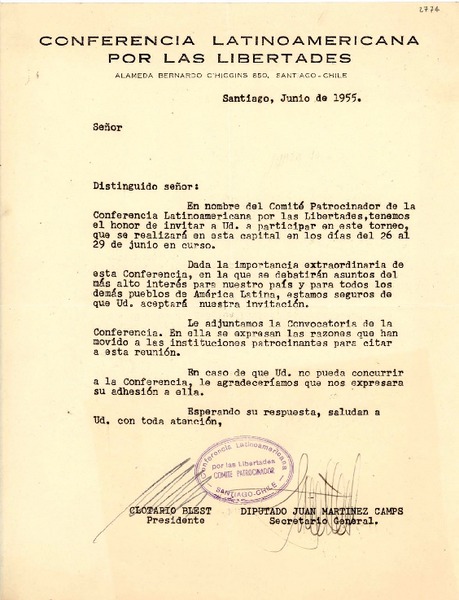 [Carta] 1955 jun., Santiago, Chile [a] Distinguido Señor