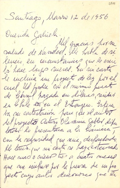 [Carta] 1956 mar. 12, Santiago, [Chile] [a] Gabriela Mistral