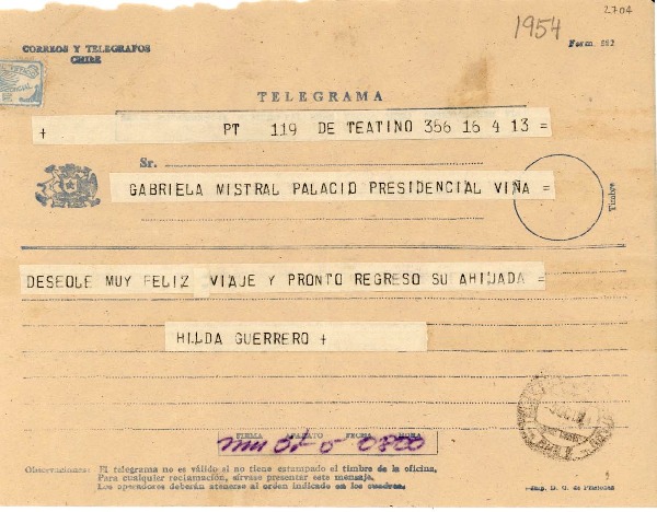 [Telegrama] 1954 oct. 5, Santiago [a] Gabriela Mistral, Viña del Mar