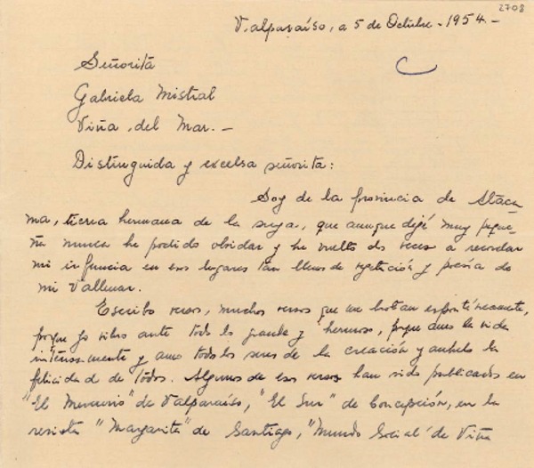 [Carta] 1954 oct. 5, Valparaíso [a] Gabriela Mistral, Viña del Mar