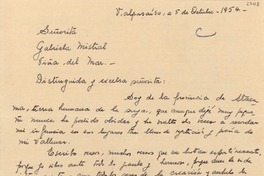 [Carta] 1954 oct. 5, Valparaíso [a] Gabriela Mistral, Viña del Mar