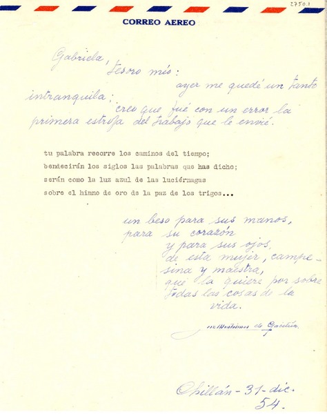 [Carta] 1954 dic. 31, Chillán [a] Gabriela Mistral
