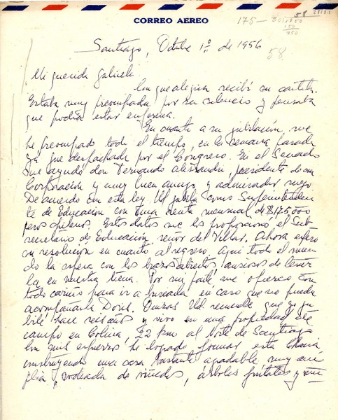 [Carta] 1956 oct. 1, Santiago [a] Gabriela Mistral