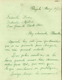 [Carta] 1933 mar. 1, Bogotá, Colombia [a] Gabriela Mistral, San Juan, Puerto Rico