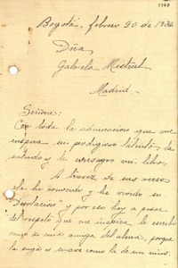 [Carta] 1934 feb. 20, Bogotá, [Colombia] [a] Gabriela Mistral, Madrid, [España]