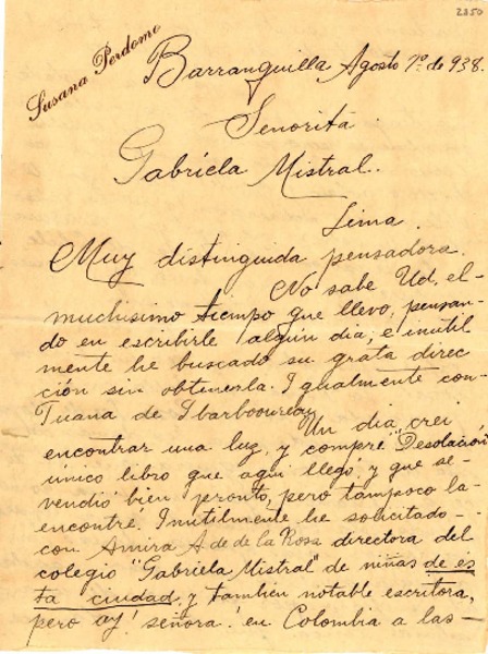 [Carta] 1938 ago. 1, Barranquilla, Colombia [a] Gabriela Mistral, Lima, [Perú]