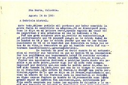 [Carta] 1938 ago. 14, Sta. María, Colombia [a] Gabriela Mistral