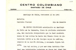 [Carta] 1945 nov. 15, Santiago, Chile [a] Gabriela Mistral, Rio de Janeiro, [Brasil]