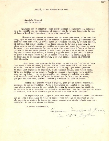 [Carta] 1945 nov. 17, Bogotá, Colombia [a] Gabriela Mistral, Río de Janeiro, [Brasil]