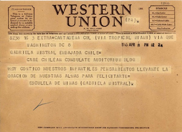 [Telegrama] 1946 abr. 8, Cartagena, Colombia [a] Gabriela Mistral, Washington DC, Embajada de Chile, [EE.UU.]