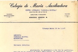 [Carta] 1947 mar. 20, Bucaramanga, [Colombia] [a] Gabriela Mistral, Montevideo