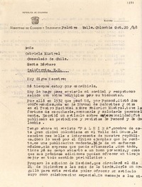 [Carta] 1948 oct. 20, Palmira, Colombia [a] Gabriela Mistral, Santa Bárbara, California