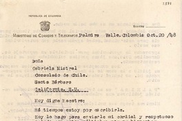 [Carta] 1948 oct. 20, Palmira, Colombia [a] Gabriela Mistral, Santa Bárbara, California