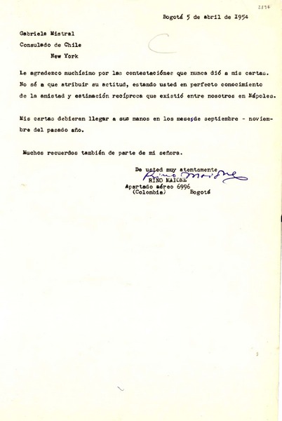[Carta] 1954 abr. 5, Bogotá, Colombia [a] Gabriela Mistral, Consulado de Chile, New York, [Estados Unidos]