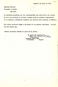[Carta] 1954 abr. 5, Bogotá, Colombia [a] Gabriela Mistral, Consulado de Chile, New York, [Estados Unidos]