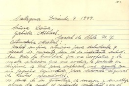 [Carta] 1954 dic. 8, Cartagena, [Colombia] [a] Gabriela Mistral, N. Y., [Estados Unidos]