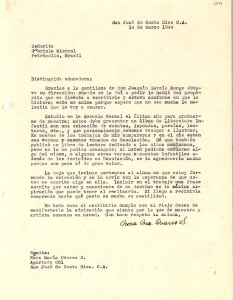 [Carta] 1944 mar. 14, San José, Costa Rica [a] Gabriela Mistral, Petrópolis, Brasil