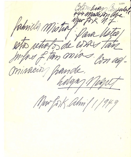 [Carta] 1949 abr. 1, New York [a] Gabriela Mistral