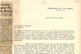 [Carta] 1949 ago. 25, México D.F [a] Gabriela Mistral, Jalapa